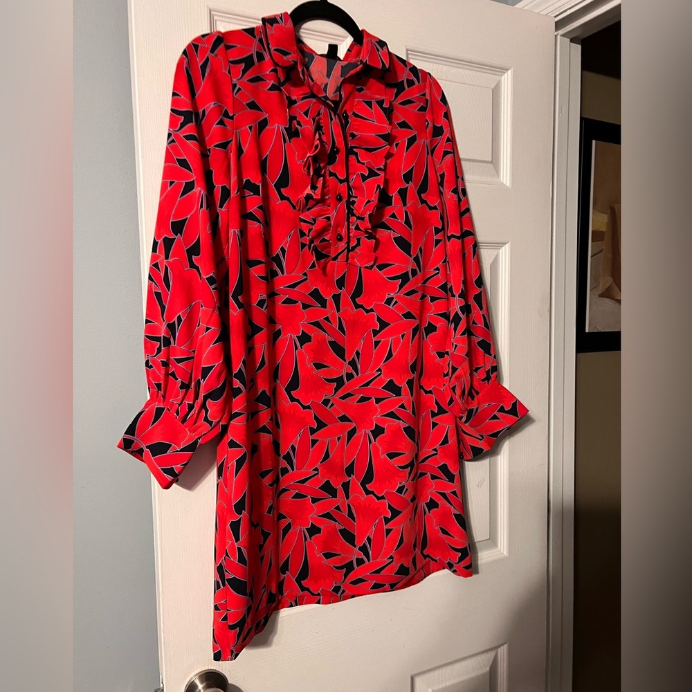 Ann Taylor Red Navy Floral Ruffle Shirtdress